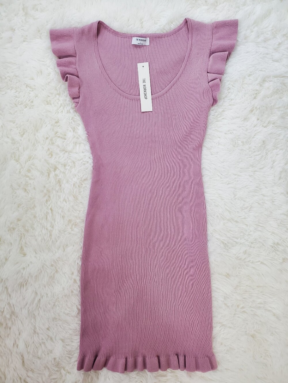 NWT The Workshop Size L Pink Purple Ribbed Body Con Dress With Ruffles